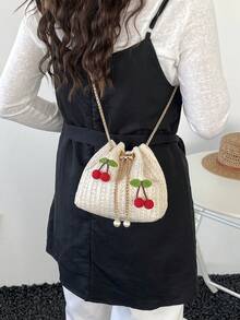 Túi đeo chéo một bên vai thời trang mới, túi xách tay tiện dụng, túi xô dây rút bằng kim loại, túi đeo vai tối giản phong cách màu anh đào. - Màu be - Xem 7