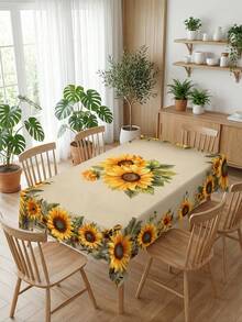 1pc Polyester Sunflower & Leaf Pattern Tablecloth, Vibrant Watercolor Style, Waterproof & Stain-Resistant, Rectangular Table Cover With Sunflower & Floral Decor, Foldable Protective Table Decor, Suitable For Summer Home Decor, Garden Party, Brunch, Dining Table, Patio, Picnic, Indoor & Outdoor Activities - 001 - View 5