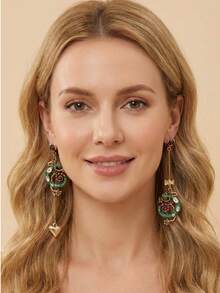 1 Pair Enamel Green Lizard Earrings, Asymmetric Heart Bow Tassel Earrings, Unique Personalized Attractive Accessories - Multicolor - View 3