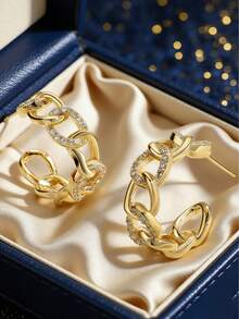 Women's Gold-Plated C-Shaped Earrings, Featuring Thick Chain And Fully Paved Cubic Zirconia Stones, Minimalist Elegant Design, Suitable For Daily Commute And Workwear, An Ideal Gift For Fashion Enthusiasts - Gold - View 1