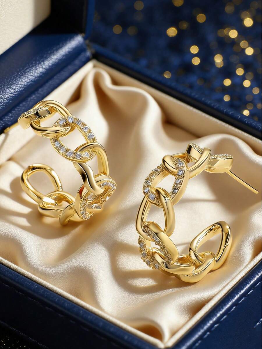 Women's Gold-Plated C-Shaped Earrings, Featuring Thick Chain And Fully Paved Cubic Zirconia Stones, Minimalist Elegant Design, Suitable For Daily Commute And Workwear, An Ideal Gift For Fashion Enthusiasts - Gold - View 1