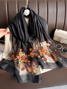 1pc Women's Elegant Hollow Faux Pearl Plaid Pattern Silk Scarf, Printed With Beautiful Flowers, Solid Color Shawl, Casual Headscarf And Neck Scarf, Suitable For Daily Wear And Summer Beach Sun Protection, Perfectly Matches Dresses, Suitable For All Seasons - Multicolor - View 13