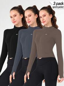 3-Piece Women's Sports Jacket With Thumb Hole, Small Stand Up Collar, Streamlined Long Sleeved Jacket With Pull Pockets, Low Impact Sports Yoga For Daily Casual Wear In Spring, Autumn And Winter - Nhiều màu - Xem 10