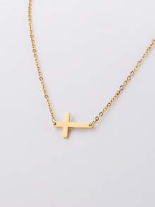 Nooxian 1pc Fashionable Delicate Minimalist Stainless Steel Cross Chain Necklace For Women, Unique Single-Layer Stainless Steel Side Cross Pendant Necklace, Choker Necklace - Yellow Gold - View 6