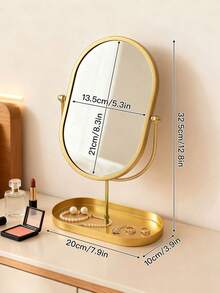 1 Stück exquisiter nordischer Luxus-Stil Tisch-Kosmetikspiegel, oval oder rund optional, kreativer Metallrahmen, unten mit Aufbewahrungsfach, geeignet zum Abstellen von Lippenstift, Kosmetika, Schmuck, Parfüm, Make-up-Pinsel, Aromatherapie-Produkte usw. - Verschiedenfarbig - Übersicht 11