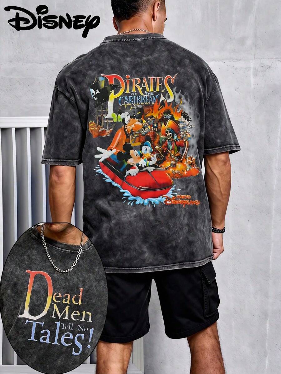 Disney Official Licensed Tokyo Disney  "Dead Men Tell No Tales!" Double-Sided Graphic T Shirts 100 Percent Cotton Disney Shirt Washed 230g Unisex - 黑色 - 查看 1