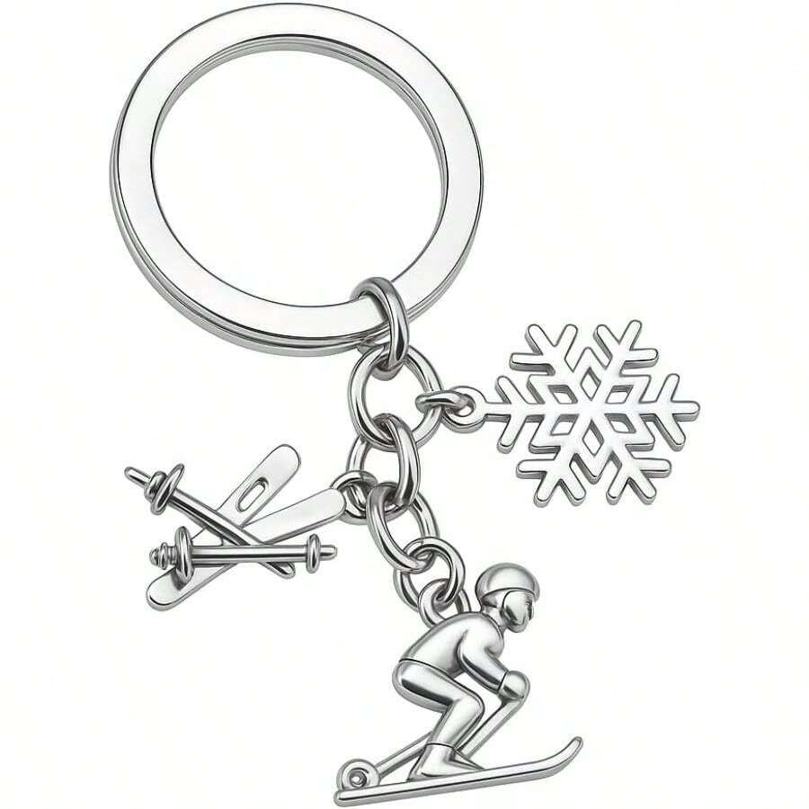 Snowboarding Keychain With Skis, Snowflake Skier Charms U2013 Snowflake Key Chains Women Bag Charms, Skiing Keychain Skiers, Snowboarders Winter Adventure Lovers - Initial - View 1