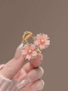 1pc Cute Pink Sakura Rhinestone Pearl Metal Hair Clip, Suitable For Daily Wear - Pink - View 5
