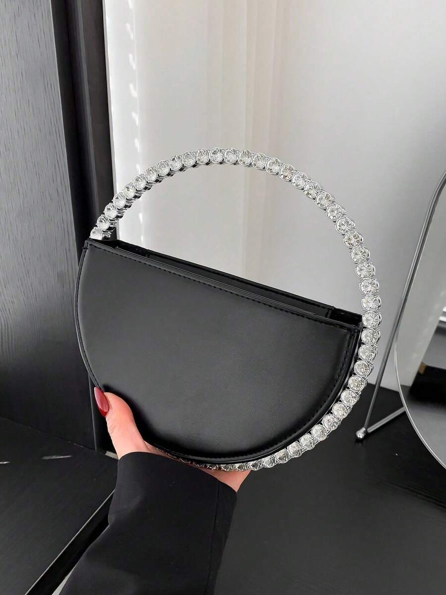 New Classic Luxury Style Women's Round Crystal Rhinestone Evening Bag, Elegant Handbag, Portable Design, Versatile For Daily And Formal Occasions, Compact Structure, Can Store Lipstick, Cash, Coins, Keys, Small Mobile Phone, Perfect For Parties, Dinners, Weddings, Dances, Banquets, Cocktail Events, Evening Occasions, Glamorous Decoration, Delicate Craftsmanship, Shiny Rhinestone Decor - 黑色 - 查看 1