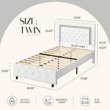 Twin/ Full/ Queen/ King Size Bed Frame, Upholstered Bed Frame With Diamond Headboard And Footboard, Pearl White/ Beige/ Black/ Grey/ Pink/ Purple/ Green - 白色 - 查看 7
