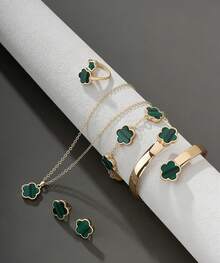 1 Set Jewelry For Women Includes 1 Necklace With Clover Pendant, 1 Bracelet, 1 Pair Of Earrings, 1 Ring, 1 Bangle - 綠色 - 查看 3