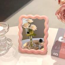 Wave Shaped Portable Folding Makeup Mirror 6.7X5.3 Inch Cute Standing Hanging Vanity Mirror Lightweight Travel Friendly Desk Mirror For Home Decoration Daily Makeup Yellow - 粉色 - 查看 6