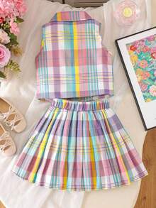 2 pièces/Ensemble Top sans manches à col montant et jupe plissée à carreaux multicolores doux pour filles en été, convient pour les vacances, les voyages, les photos de sœurs, les pique-niques en plein air, les événements à thème, les sorties décontractées - Multicolore - Voir 3