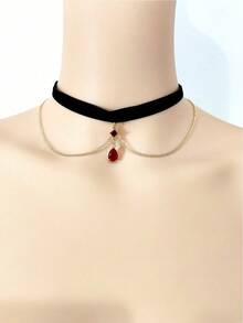 1pc Women's Retro Velvet Chain Crystal Pendant Necklace, Fashion Tassel Choker Necklace - Multicolor - View 6