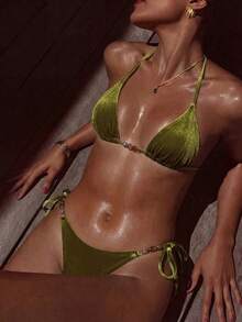 Bộ 2 bikini nữ Hàn Quốc màu trơn bằng nhung, kiểu dáng gợi cảm, hở lưng, buộc dây, thích hợp cho kỳ nghỉ hè, hẹn hò, đi biển. - màu xanh lá - Xem 2