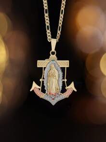 1pc 18K Gold Diamond Cut Virgin Mary St. Jude Tamano Grande Anchor Pendant Fashion Jewelry Suitable Unisex, Hip Hop Style,Daily Wear, Partiesn - Gold - View 10