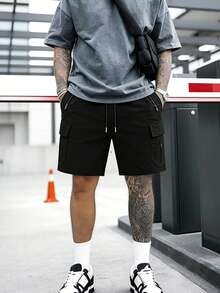 American Streetwear Utility Cargo Shorts, Loose Casual Bermuda Shorts For Summer - Black - View 3