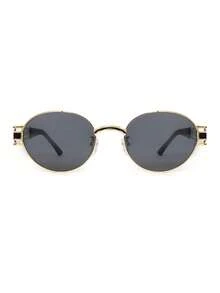 1pc New Oval Fashionable Fashion Glasses, High-Quality Metal Frame, European And American Style For Women - Gold Frame Gray Film - View 3