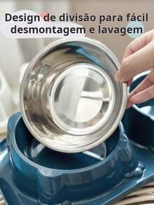 Comedouro e bebedouro 2 em 1 inox Duplo para bicho de estimação cachorro ou gatos C/antiderrapante Design inclinado - 182-Dois azuis-PP - Visão 5