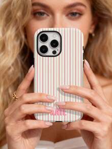 1pc Customized Minimalist Patchwork Striped Letter Name Color 2-In-1 Glossy Protective Hard Phone Case Cover Compatible With IPhone 11/12/13/14/15/16 17 Pro Max - Multicolor - View 3