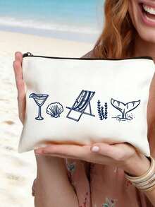 Custom Coastal Makeup Bag- Personalized With The Name "Last Toast Of The Coast" Design, Reusable Cosmetic Pouch With Design,Featuring Glasses And Seashells, Made Of Lightweight, Hand-Painted Style, Lightweight, Cosmetic & Toiletry Organizer Bag - Multicolor - View 2