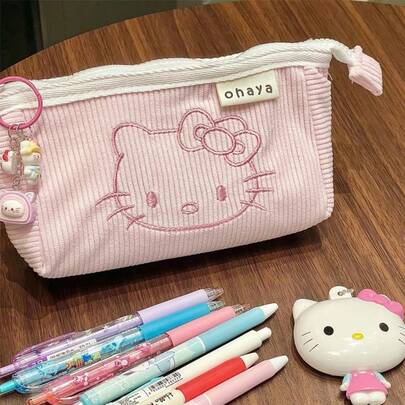 SANRIO 灯芯绒化妆包，大容量化妆包/铅笔盒，随机印花，适合度假、海滩、浴室、卧室收纳，大容量（不含配件）