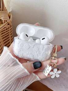 2个透明带白色线条花朵图案的TPU耳机保护套+花朵钥匙扣挂件，兼容苹果Pro 2/1、3/4代 - 彩色 - 查看 1