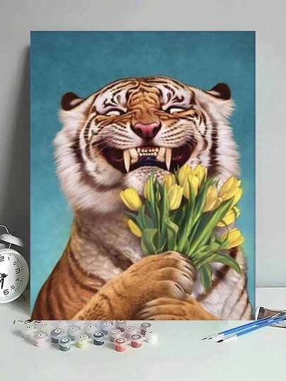 Smiling Tiger Holding Yellow Tulips DIY Oil Painting By Numbers Canvas Painting Crafts Adult Home Decoration 40x50cm/16x20inch Holiday Gifts