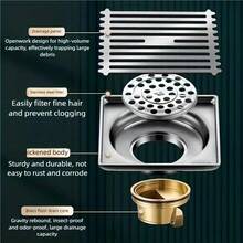 Gun Grey Floor Drain, High Flow Drainage, Bathroom Anti-Odor And Anti-Insect Floor Drain With Removable Cover And Deodorizing Core, Easy To Clean Hair And Debris, Avoid Frequent Unclogging. Standard Size Design Compatible With Most Pipes, Easy Installation For New Or Old Renovations. - Multicolor - View 2