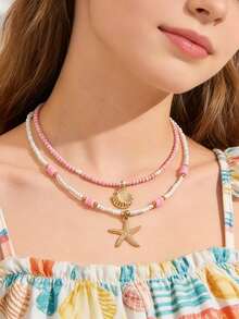 2件套女孩夏季可爱沙滩风贝壳海星合金吊坠项链套装，双层串珠，适合海滩度假，串珠位置随机 - 粉色 - 查看 2