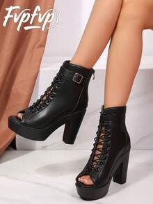 FVPFVP 欧美系带露趾粗跟镂空踝靴、爵士舞鞋、夏季高跟鞋 - 黑色 - 查看 1