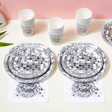 迪斯科球图案一次性餐具套装，7/9英寸派对餐盘，一次性纸盘，餐巾纸，纸杯，适用于节日、婚礼、订婚、生日、派对、庆祝活动 - 多色 - 查看 5