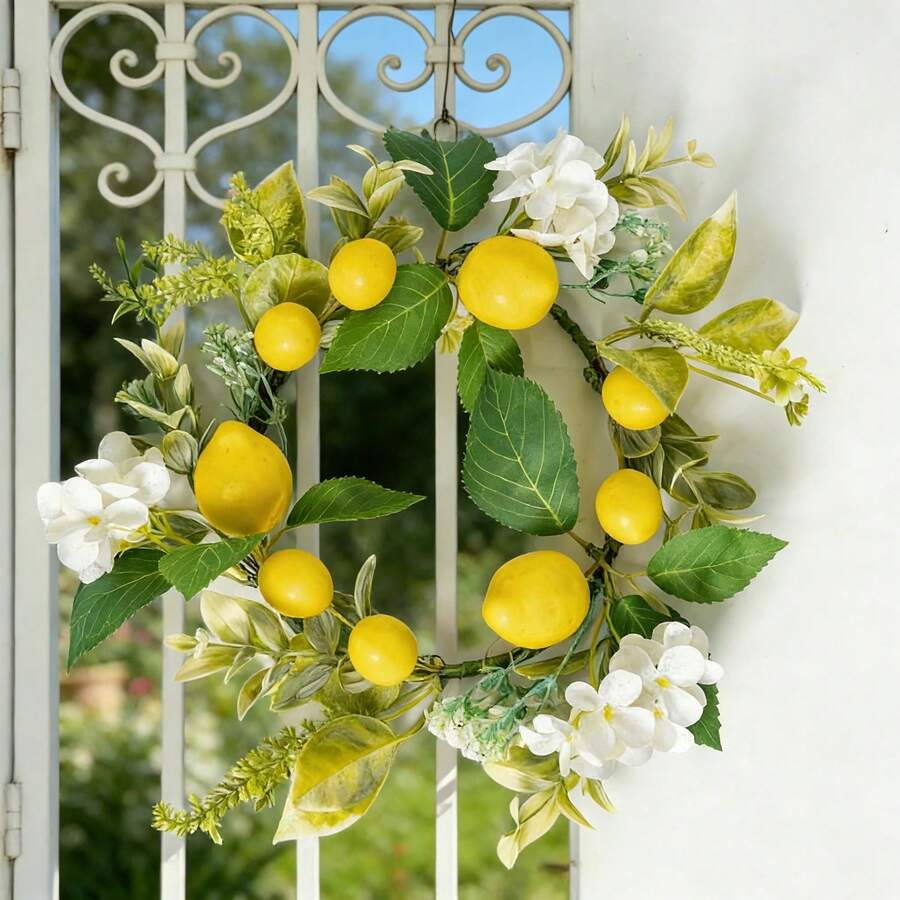 Artificial Lemon Wreath, Fruit Wreath With Yellow Lemons And Artificial Green Leaves, Suitable For Door, Window, Wall Decor, Holiday Decoration - Multicolor - View 1