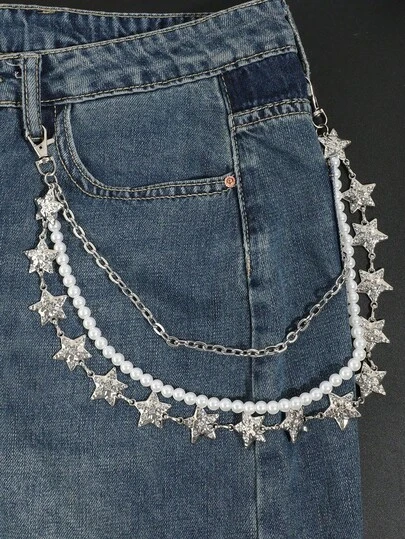 1pc Fashionable Shiny Faux Pearl & Rhinestone Star Multi-Layer Chain Belt/Waist Chain, Suitable For Casual Outings And Street Style Outfit Accessory For Men And Women