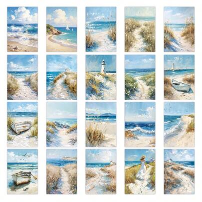 Bộ 20 bưu thiếp màu nước chủ đề bãi biển, bộ tranh ghép treo tường chủ đề bãi biển mùa hè, áp phích nhỏ trang trí nhà cửa và phòng ngủ, thiệp nghệ thuật trang trí cho sổ lưu niệm và thủ công, quà tặng sáng tạo.