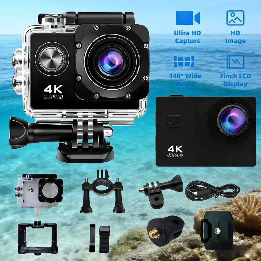 1 pieza Cámara de acción 4K Ultra HD - Cámara compacta y portátil estabilizada de gran angular de 1.8MP resistente al agua para buceo, motocicleta, bicicleta y dashcam, cámara deportiva recargable para vlogs (tarjeta microSD no incluida) + Manual de usuario electrónico gratuito para 31 países