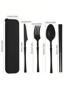 1 Set/8 Sets Portable Plastic Striped Cutlery Set, Camping Tableware, Reusable Spoon & Fork Set With Storage Box, Suitable Picnics & Daily Use,Kitchen,Back To School,School Supplies - Knife, Fork, Spoon, and Chopsticks *1 - (Dark Green) - View 4
