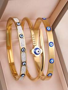 3pcs/1pc Fashionable Blue Eye Series Bracelet Set, Suitable For Daily Wear, Music Festival, Halloween Gift, Stainless Steel Stackable Bangle - Eye - View 12
