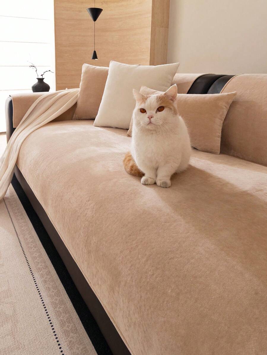 1pc Plush Sofa Cover, Minimalist Solid Color 3D Design, Pet-Friendly Anti-Dirty & Scratch, Suitable For All Seasons Including Christmas & New Year, Machine Washable, Fits 1/2/3/4 Seater Sofa - Khaki - View 1