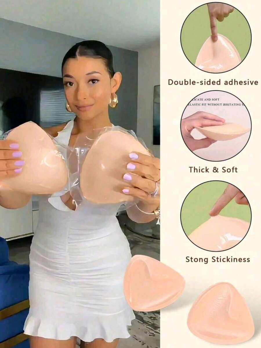 1 Pair Double-Sided Reusable Self-Adhesive Bra Pads, Thickened Invisible Bra Inserts, Waterproof For Swimming - Apricot - View 1
