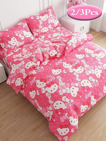 SANRIO 2/3件套被套套装，床上用品，被套（1个被套+1/2个枕套，不含填充物），可爱卡通图案，全尺寸，柔软舒适，适合宿舍、家庭卧室、酒店，四季皆宜，带拉链封口和枕套，多色可选，特大尺寸床上用品，特大尺寸被套套装