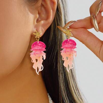 2pcs Gradient Starfish & Jellyfish Acrylic Earrings, Suitable For Women's Beach Vacation Wear