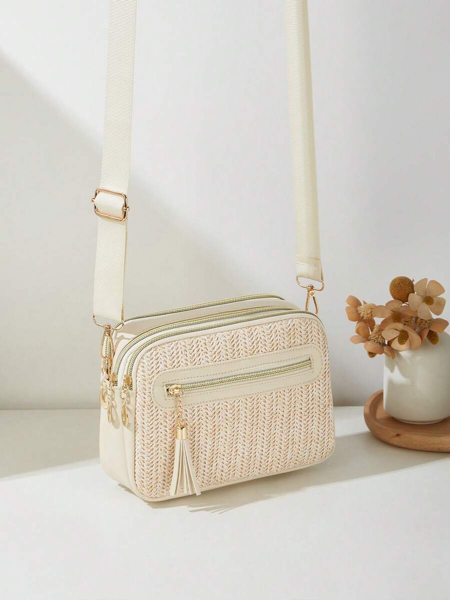 1 chiếc túi đeo chéo nữ kiểu dáng thường ngày, thiết kế 4 khóa kéo, họa tiết lượn sóng màu trơn, quai xách và quai đeo vai thoải mái, dung tích lớn, phù hợp cho du lịch, mua sắm, đi làm. - Màu be - Xem 1