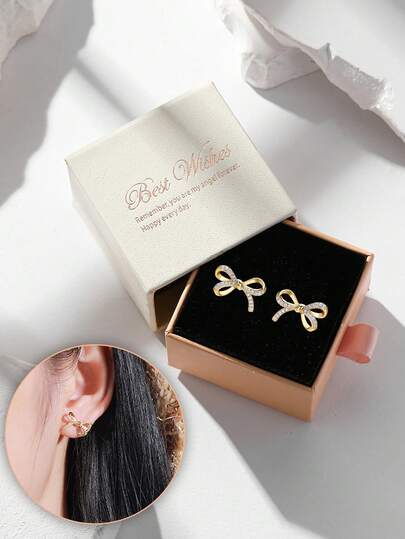 1 Pair Cubic Zirconia Bowknot Earrings In Gift Box, Elegant Shiny Zirconia Gold Earrings, Suitable For Girls And Girlfriends' Sweet And Cute Daily Wear Jewelry, Ideal Gift For Holidays
