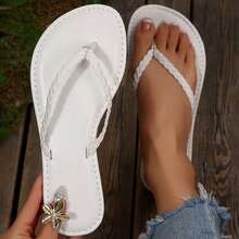 Memory Foam Comfortable Flat Thong Sandals For Women Dressy Summer Beach PU Leather Slide Flip Flops Shoes Slippers Slides - 白色 - 查看 3