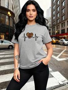 Women'S Casual Short Sleeve T-Shirt With Heartbeat & Leopard Print - With Heart Design, Round Neck, Medium Stretch, All-Season Comfort Fit For Casual Attire - 卡其色 - 查看 6