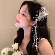 1Pc Butterfly Tassel Pearl Hair Clip, Romantic Crystal Bridal Wedding Headpiece, Elegant Fairy Hair Accessories For Women Photoshoot Party Daily Wear Fashion Jewelry Gifts - 彩色 - 查看 1