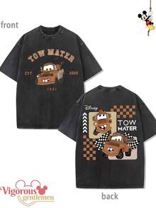 Disney Bear Checkerboard Pattern T-Shirt Summer Clothing  Vintage Washed 230g T-Shirt - 黑色 - 查看 1