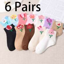 12双装儿童随机纯色花卉耳朵图案休闲短袜，春夏款 - 彩色 - 查看 4