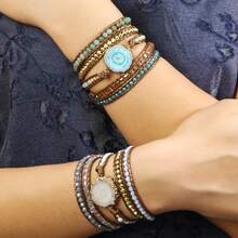 1pc Bohemian Style 5-Strand Natural Stone & Glass Handmade Braided Wrap Bracelet, Asymmetrical Agate Sunflower Connector Bracelet, Women Holiday Gift - BR1076 - View 13